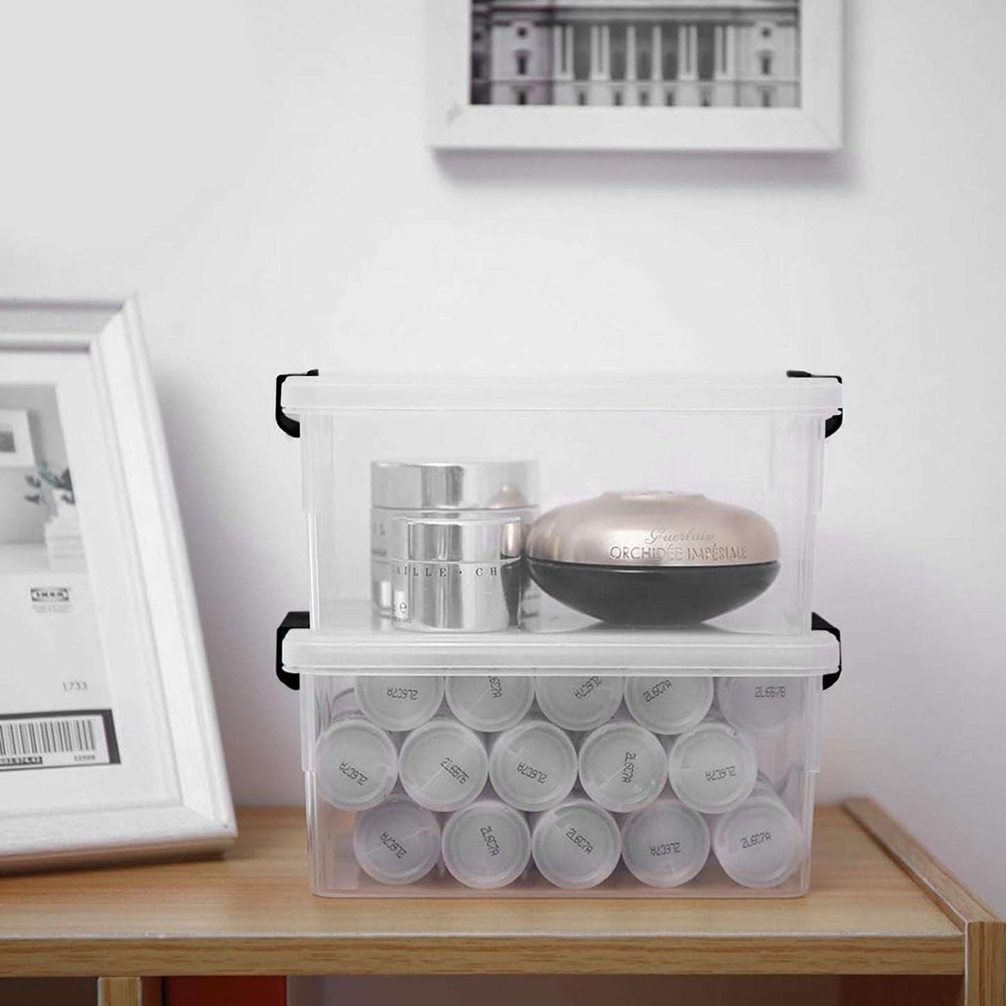 Queta 10 Pack Storage Boxes with Lids Plastic Clear Stackable, Box for Shelves Toys, Boxes with Handles, Storage Container with Click Closure, 1 Litre