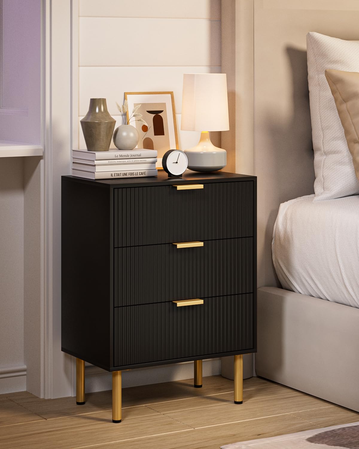 Apetaccat Bedside Table with 3 Drawers, Modern Bedside Cabniet with Metal Legs, Fluted Nightstand, Side Table for Bedroom, Living Room, Office