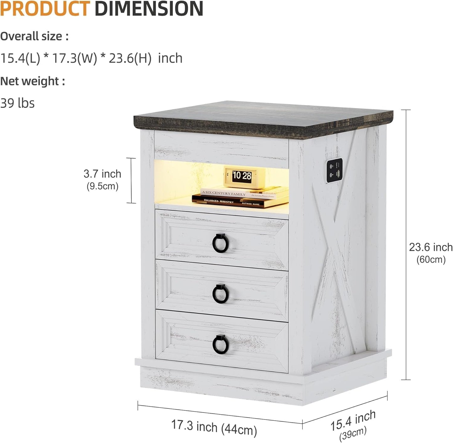 Lvifur Bedside Table - with Hidden Drawer,LED Nightstand with Charging Sation,Smart Night Stand with 3 Color Lights,End Table with Glass Desktop,3