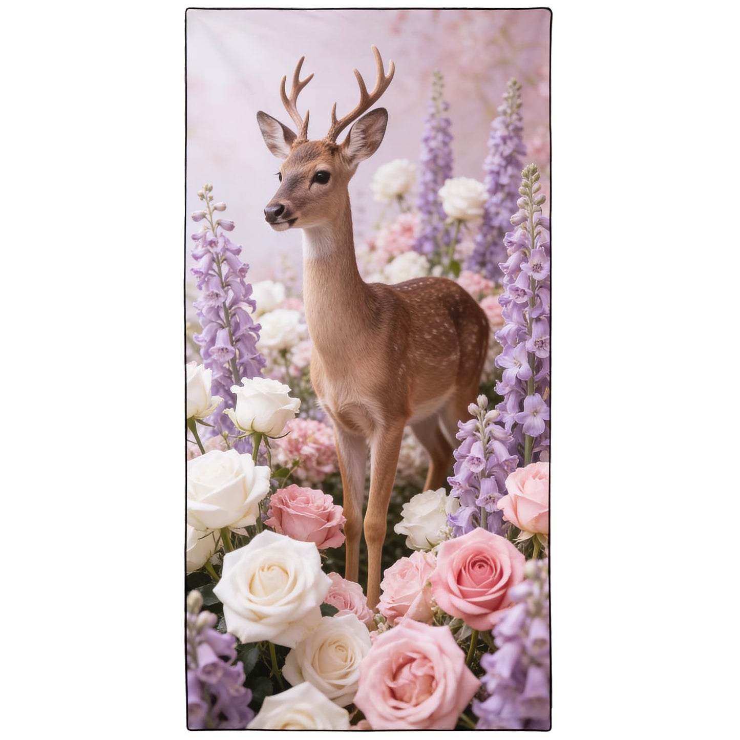 Violetpos Deer in Roses & Larkspur Beach Towel, Extra Large 180x90 cm 250GSM Microfibre, Sand Free Quick Dry