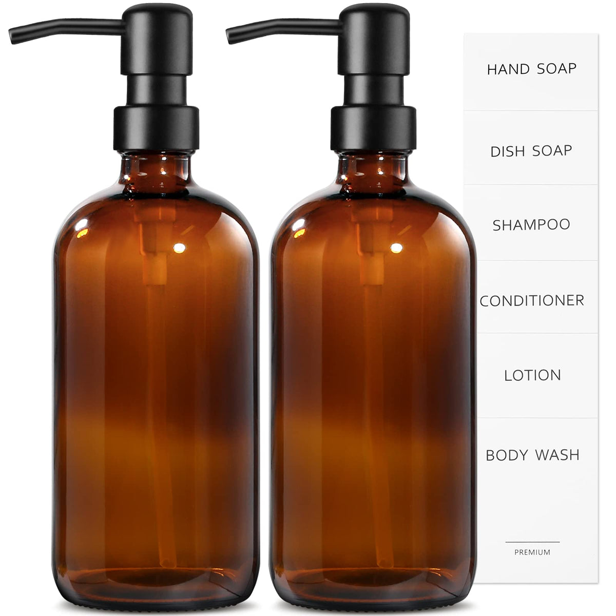 Soap Dispenser with Stainless Steel Pump,500ml Brown Glass Soap Dispensers, Hand and Dish Soap Dispenser for Kitchen & Bathroom