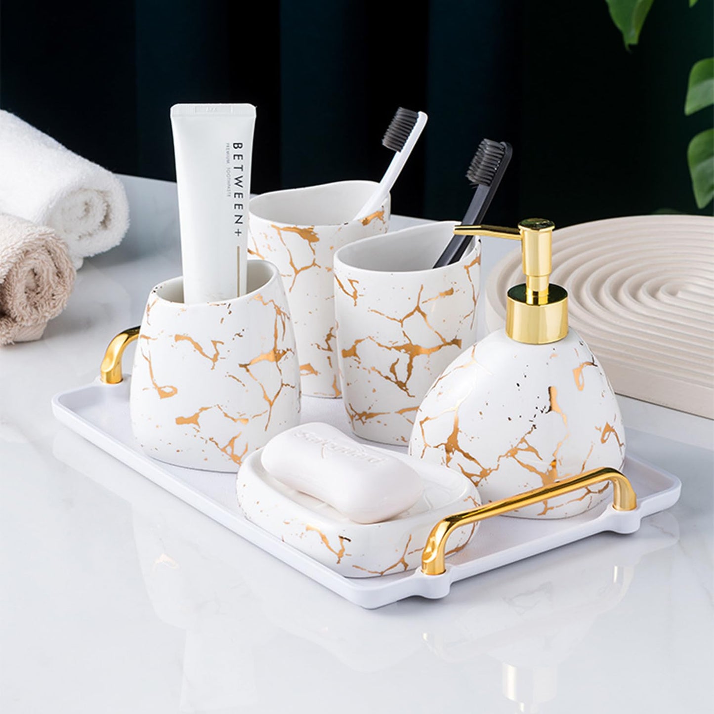 XYQXYQ Ceramics White Bathroom Accessories Set,Gold Marble Look Bathroom Decor,Modern 6 Piece Bathroom Accessory Set,Complete with Soap