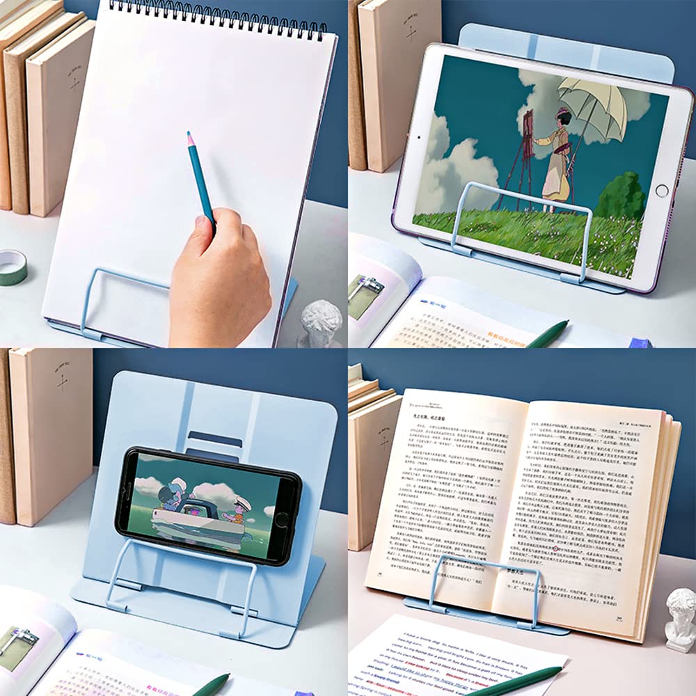 Book Stand, Multifunctional Metal Book Holder for Reading (Blue)