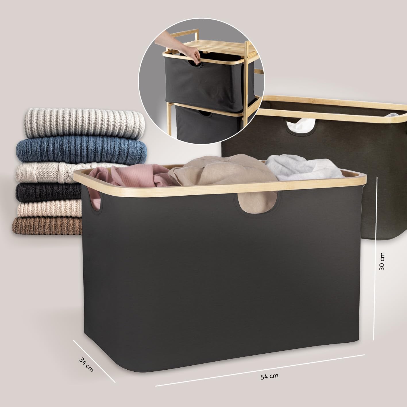 HENNEZ Bathroom Shelf, 2 Compartments, Bamboo Shelf with Shelf and 2 Baskets, Bathroom Shelf with Drawer Boxes, Standing Shelf