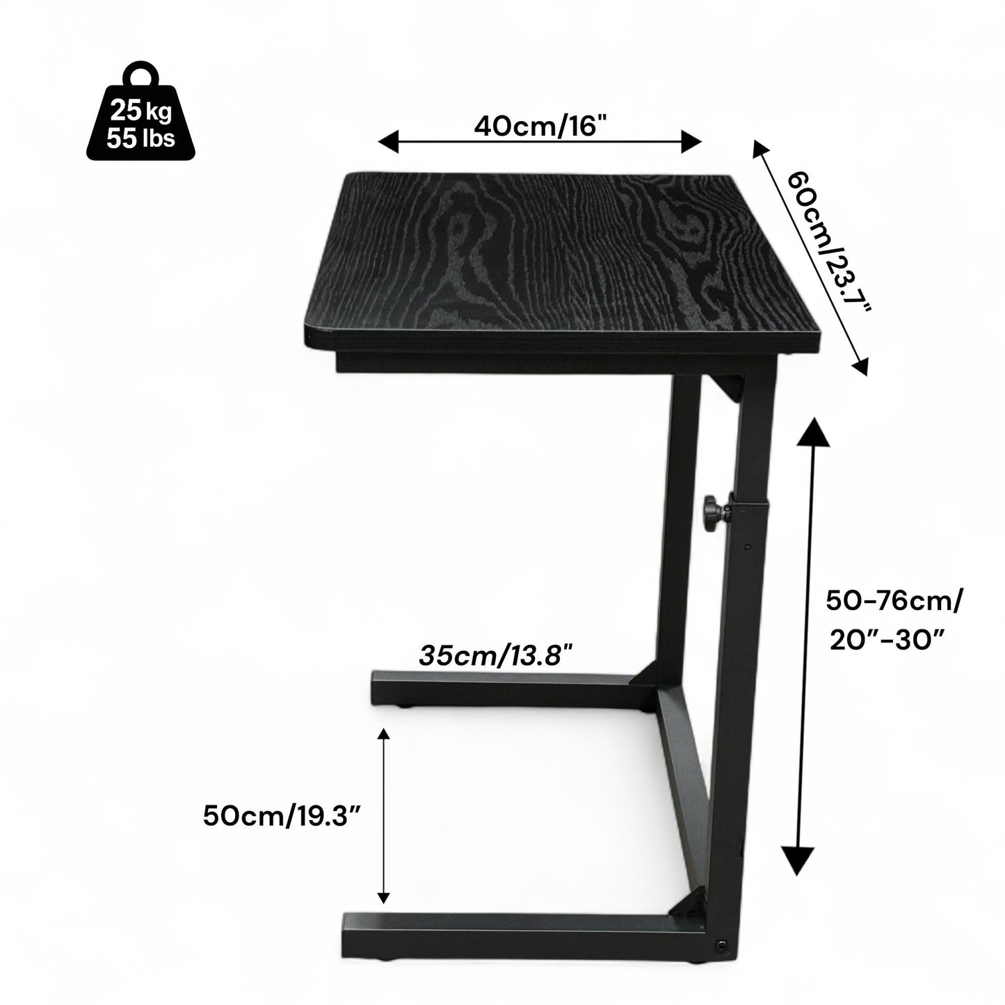 Tinymod C-Shaped Sofa Side Table for Couch & Bed, Height Adjustable Laptop Table, Black