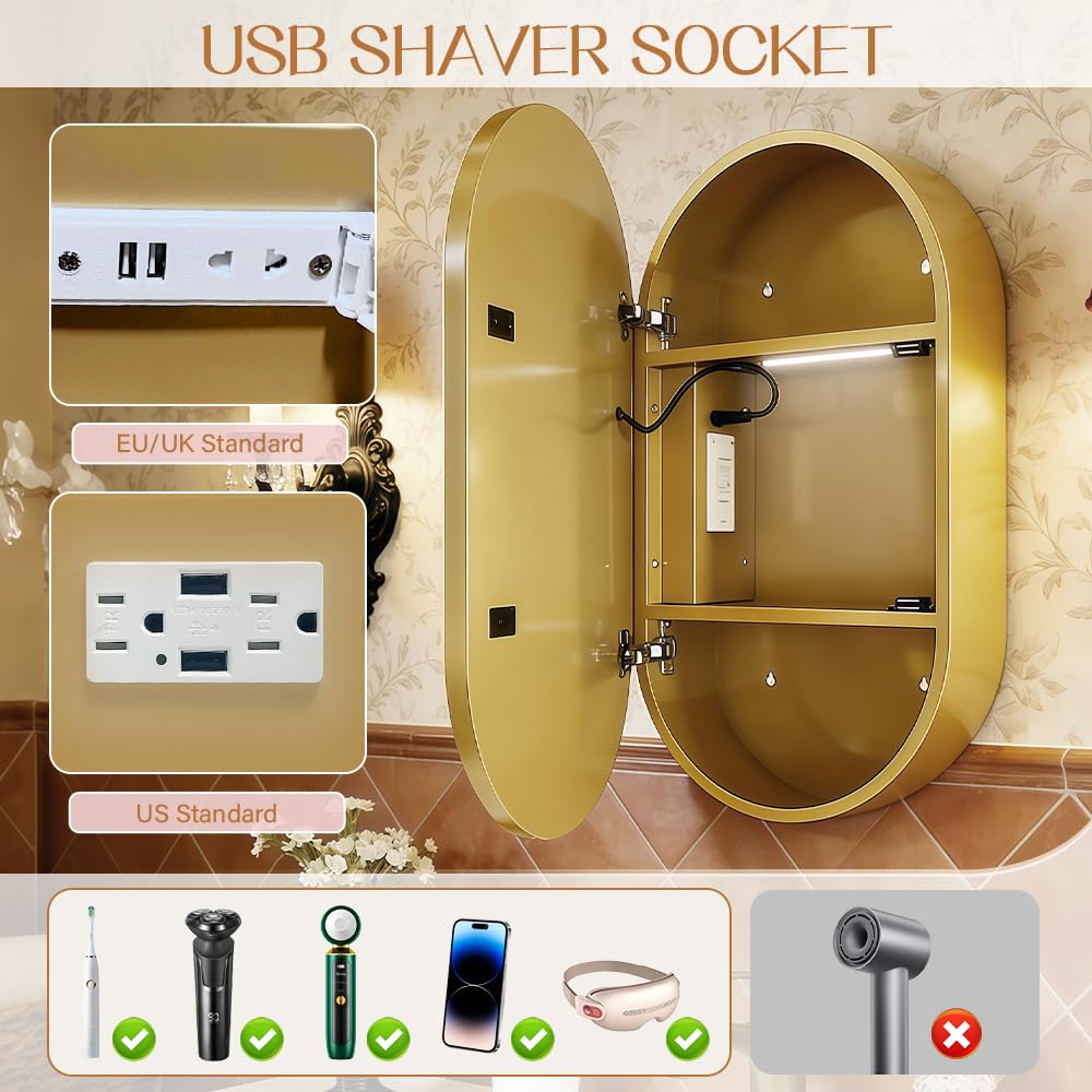 Janboe Oval Mirror Cabinet with Light,41×71cm,3 Colors&Dimmer,Defogger,Internal LIghting,Powerer Coating Iron,USB Shaver Socket,Gold