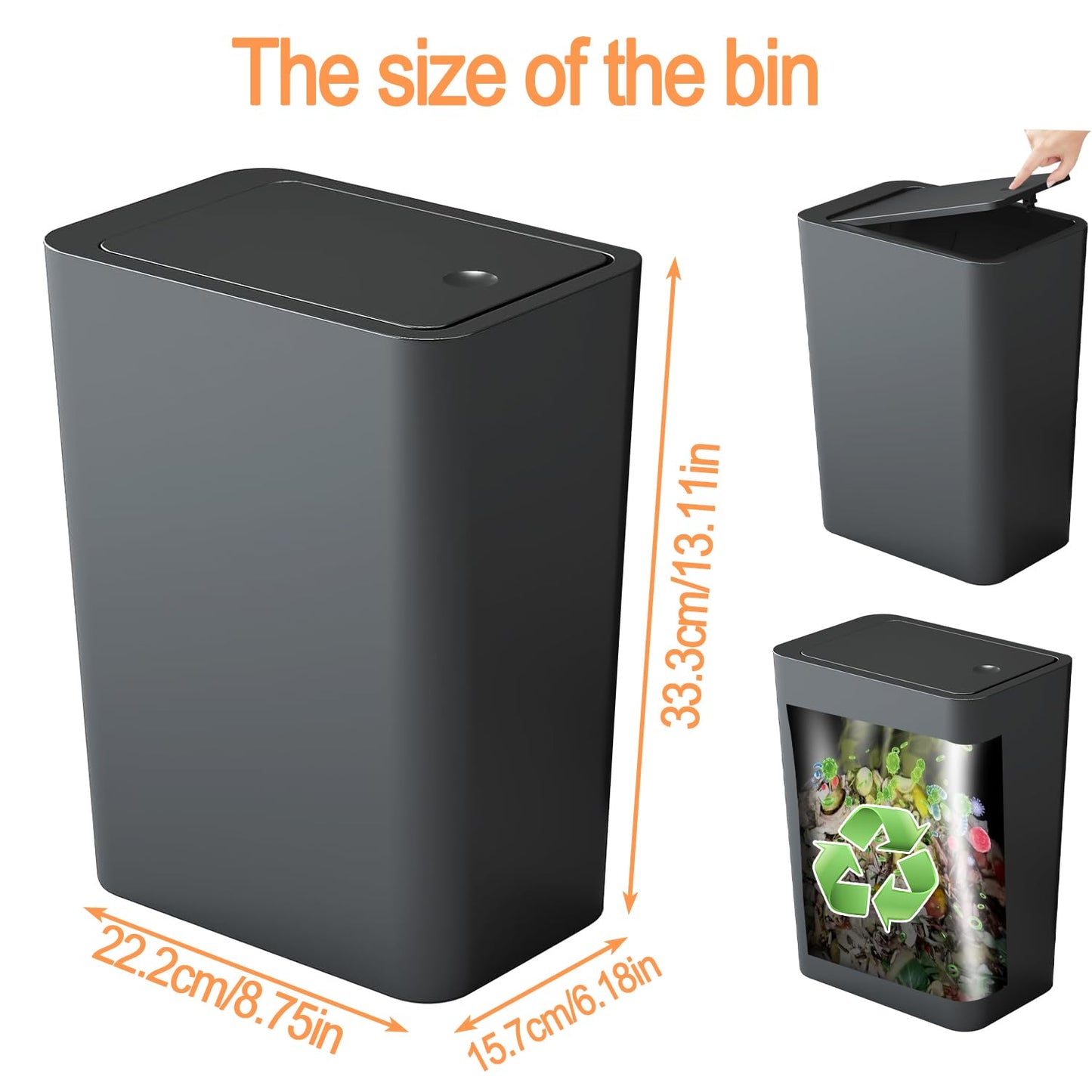 3pcs 9L Touch Top Bathroom Bin - Slim Plastic Trash Can with Lid for Bedroom, Kitchen, Office, Living Room and Toilet - Dog-Proof Narrow Design