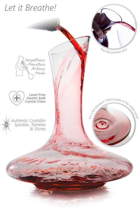 Crystallin Wine Decanter & Accessories (Cleaning Beads, Cork Stopper, Mat & Coasters)  100% Handmade in Europe, Lead-Free Crystal Glass Wine Carafe