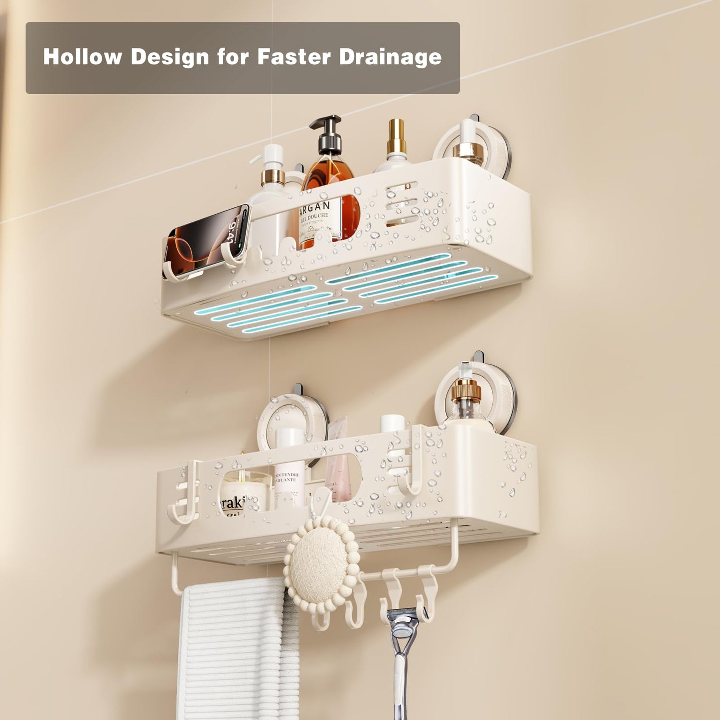 Voldra Shower Caddy Suction Cup, Adhesive Bathroom Shelves Shower Storage Wall Mounted Aluminum Bathroom Caddy Stick on Shower Organiser Rack With 4