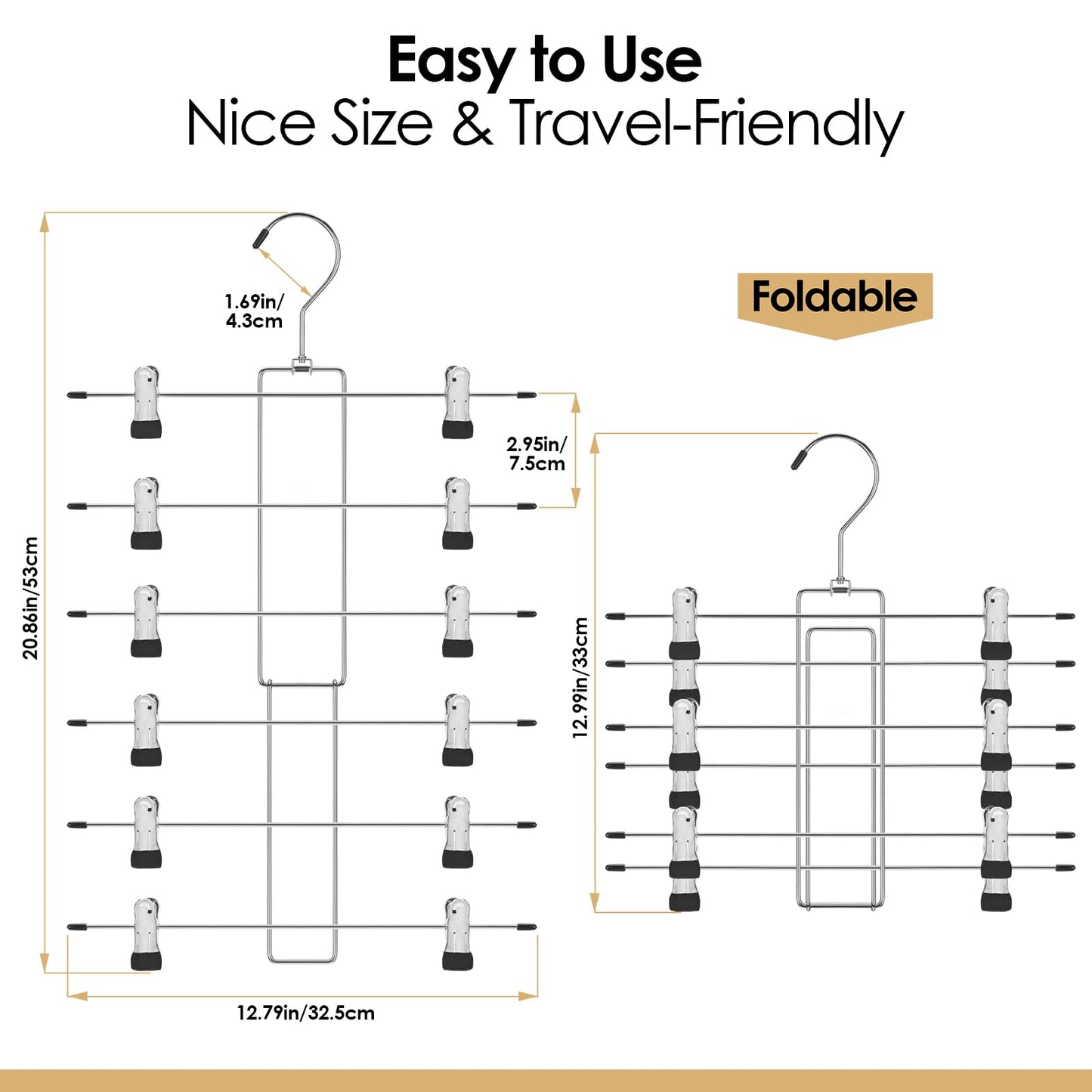 Trouser Hangers Space Saving - 2 Pack Skirt Hangers with Adjustable Non-Slip Clips