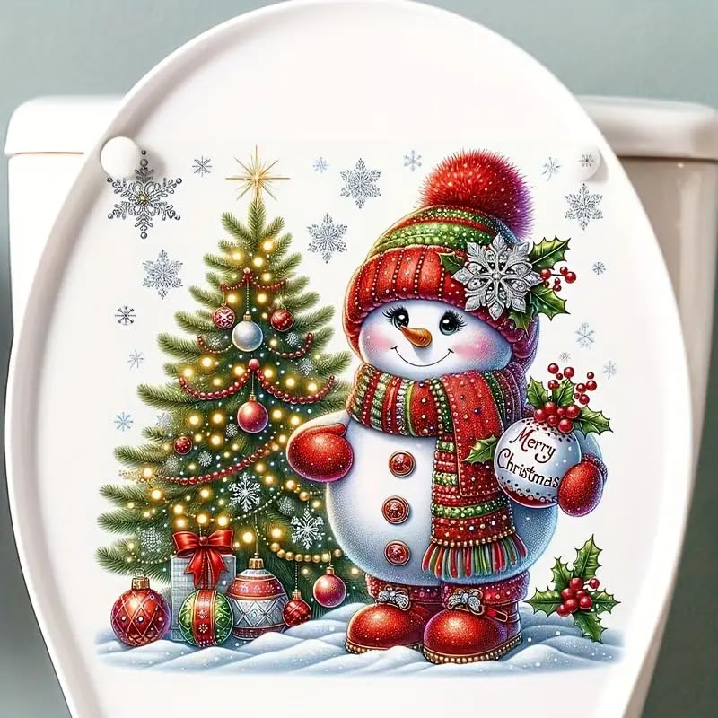 Christmas Snowman and Christmas Tree Toilet Cover Sticker Decals,Fish Bird Flower Leaf Waterproof Toilet Lid Tank Seat Decals Cistern Self-Adhesive