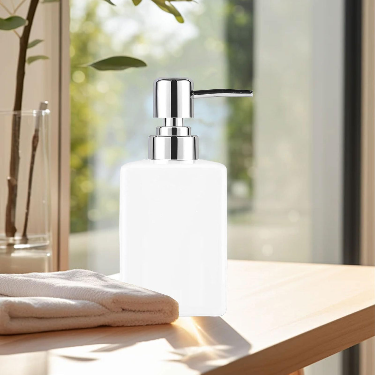 White Ceramic Soap Dispenser, 300ml Square Bathroom Soap Dispenser, Refillable Kitchen Bathroom Liquid Soap Dispenser for Hand Wash