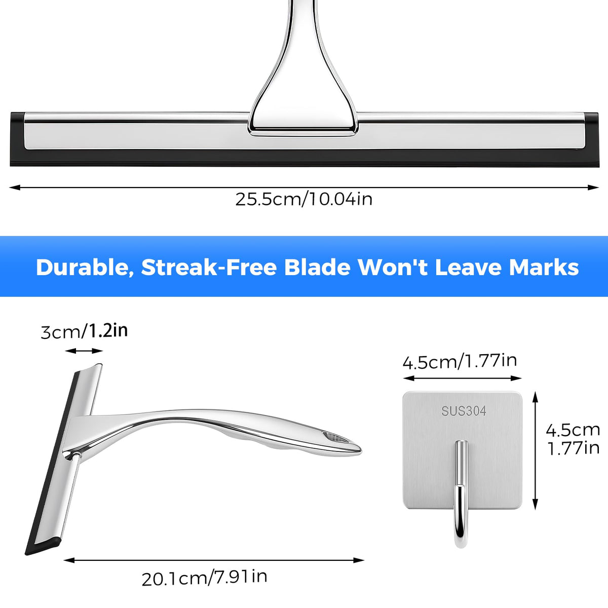 wlich 10 Inch Shower Squeegee with Hook For Glass Doors, Windows, Mirrors