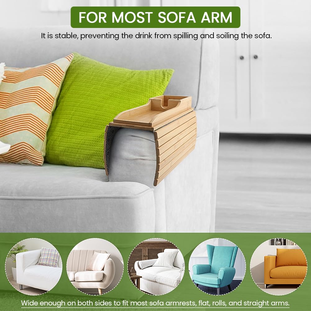 Bamboo Sofa Armrest Tray With Cup Holder, Anti-Slip Foldable Table for Drinks, Cellphone, Remote Control