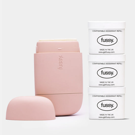 Fussy - Natural Refillable Deodorant - Aluminium Free - 24 Hour Protection - Floral Scent (3 x 40g) & Blush Pink Case - Cedar, Cinnamon and Patchouli