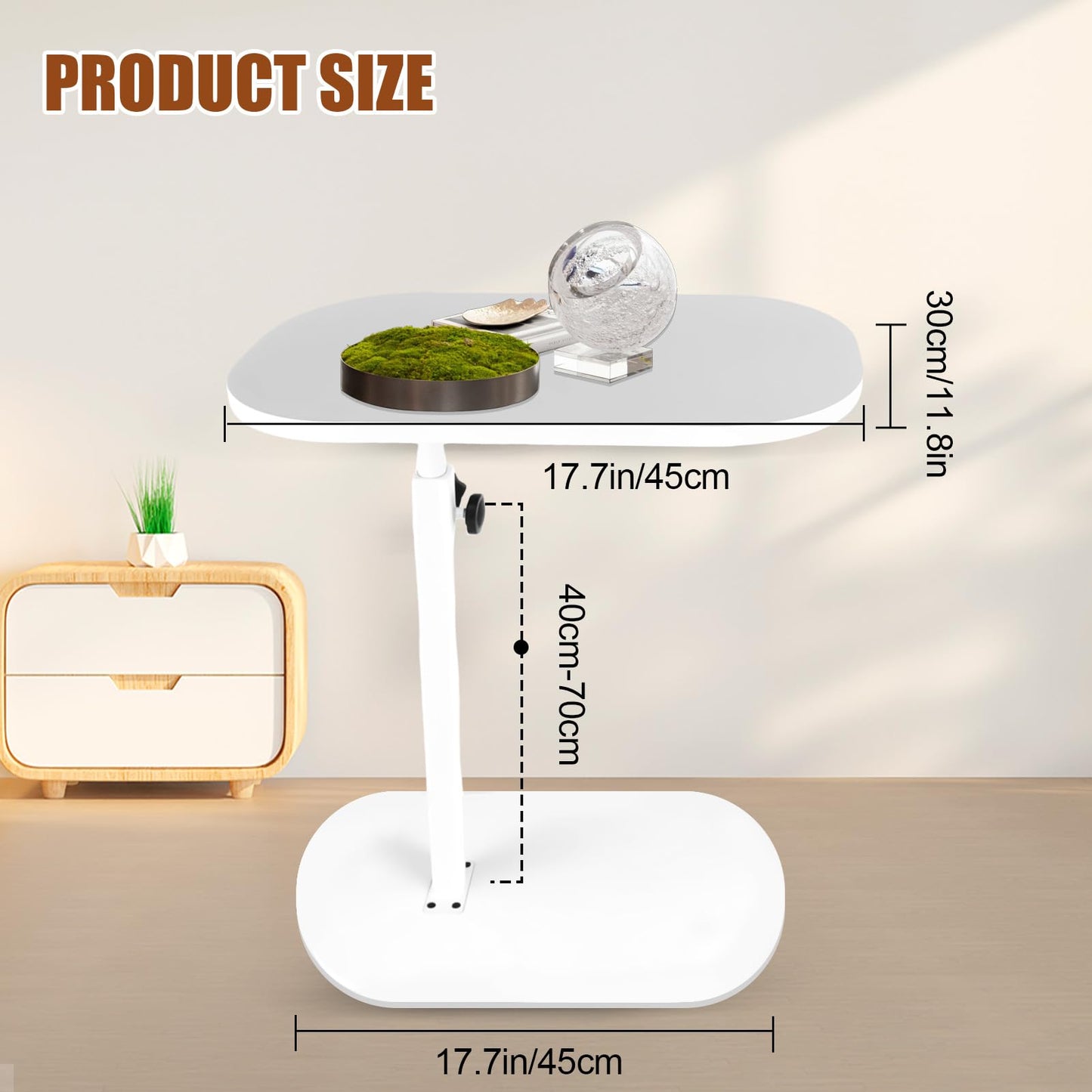 YASHIIN Adjustable C Shaped Side Table with 360 Degree Rotating Top, White Under Bed Table for Living Room, Sofa Bedside Table