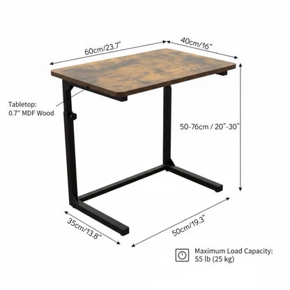 Tinymod C-Shaped Sofa Side Table for Couch & Bed, Height Adjustable Laptop Table, Rustic Brown