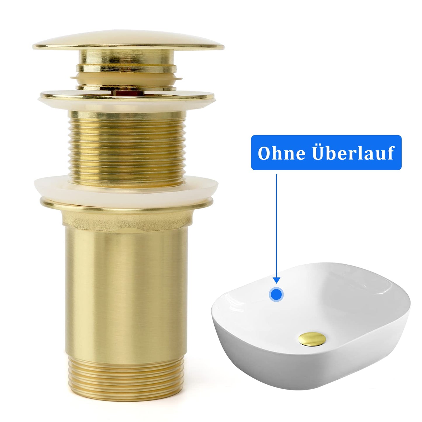 Universal drain fitting without overflow, pop-up drain plug made of solid brass for sink and washbasin, tool-free installation