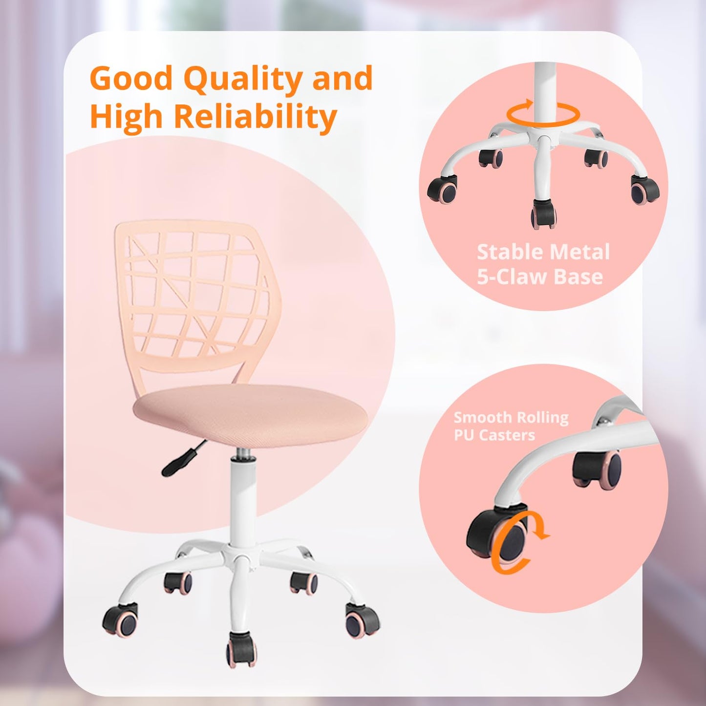 FurnitureR Ergonomic Computer Chair Adjustable Height Adjustable Chair for Home Office Computer Delicate Pink Plastic 38cm x 39cm x 75-85cm