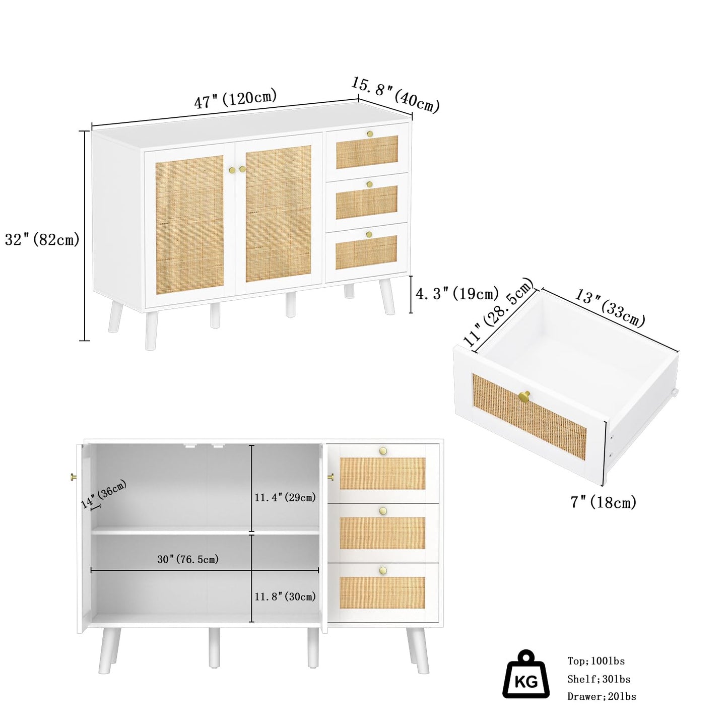 Skokliz Rattan Sideboard, Modern Storage Cabinet with 3 Drawers, Buffet Cabinet with 2 Doors and Adjustable Shelves