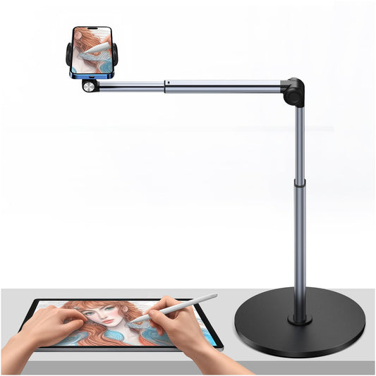yAyusi Heavy Duty Aluminum Overhead Phone Mount, 12 in Long Phone Mount for Desk, Flexible Articulating Arm Overhead Tripod for iPhone for Live