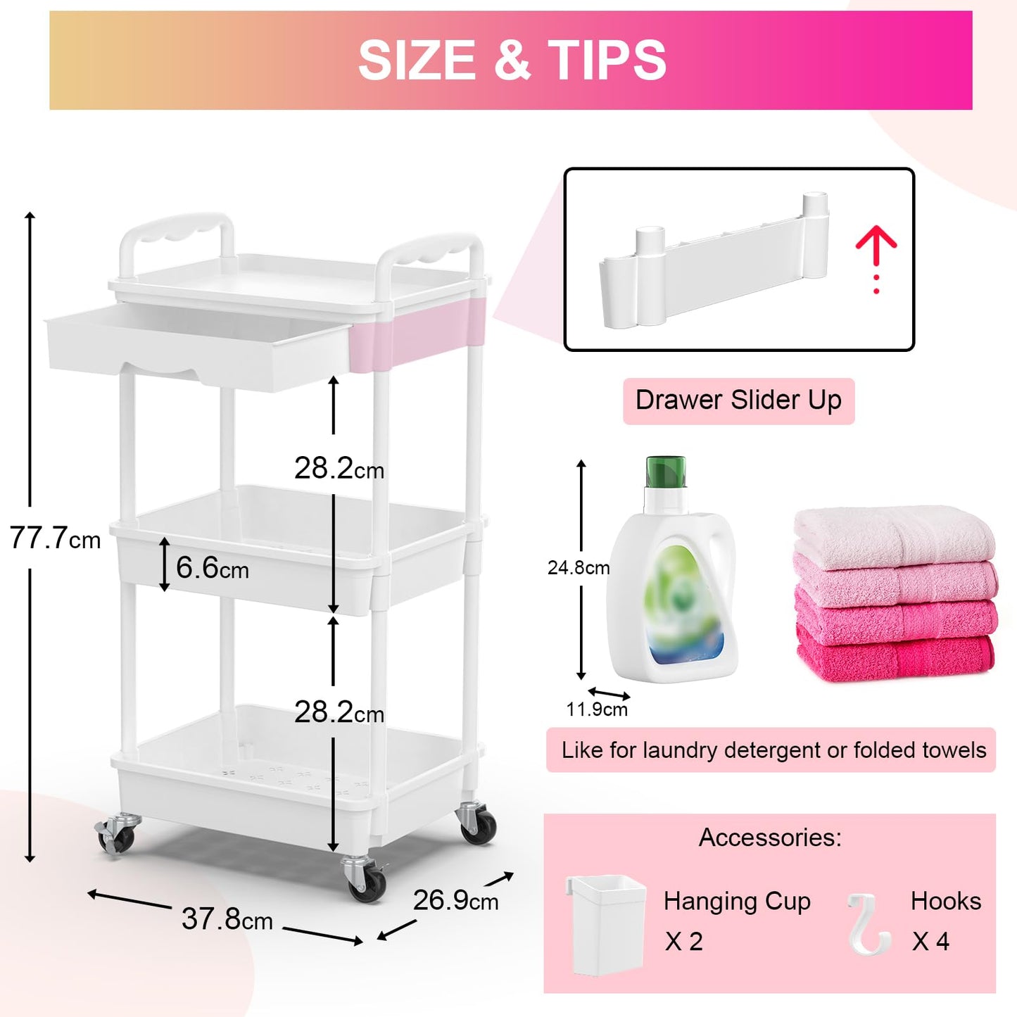 Yeabett 3 Tier Storage Trolley with Drawer, Utility Cart with Plastic Shelf & Lockable Wheels Multifunctional Storage Cart for Kitchen, Bathroom