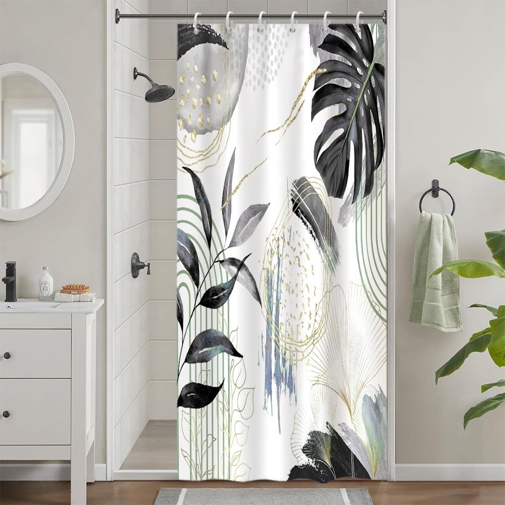 Uiiooazy Anti-Mould Shower Curtain, Narrow Shower Curtain 90 x 180 cm, Black Tropical Palm Leaves Jungle Small Bath Curtains Washable Waterproof