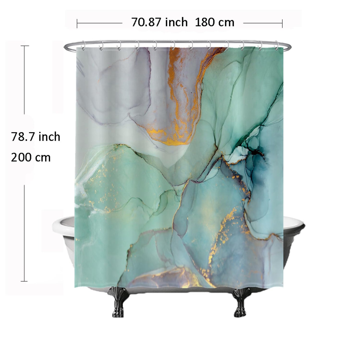 Ulticool Shower Curtain - Marble Green Blue Watercolour - 180 x 200 cm - Washable - Anti Mould - Waterproof - with 12 Rings