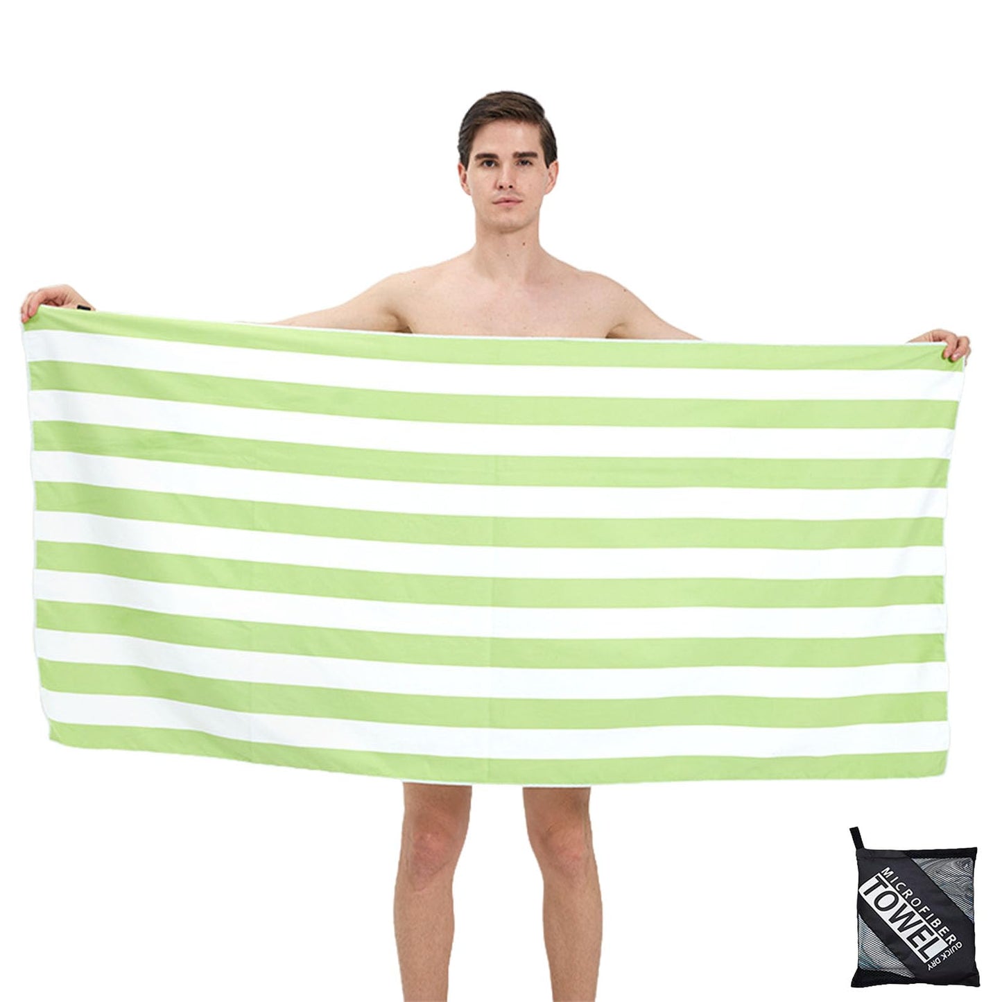 Large Thin Microfibre Beach Towel with Bag for Adult Men Women,160x90cm Green Stripe Beach Towels Quick Dry Sand Free Lightweight Swim Bath Towel for