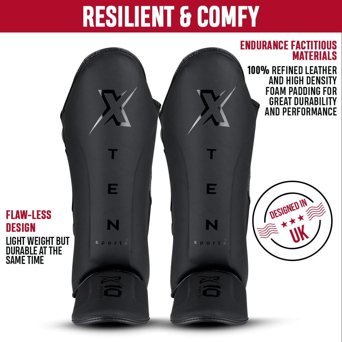 XTEN SPORTS Shin Guards Muay Thai, MMA, Gel Integrated Padding, Training Sparring, Boxing, Kickboxing, BJJ, Taekwondo Protective Gear, Matte Black, S