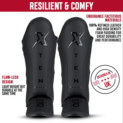 XTEN SPORTS Shin Guards Muay Thai, MMA, Gel Integrated Padding, Training Sparring, Boxing, Kickboxing, BJJ, Taekwondo Protective Gear, Matte Black, M