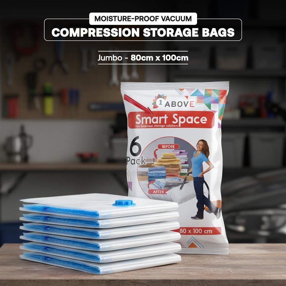 1ABOVE Pack of 6 Vacuum Compressed Storage Bags, Mould Moisture and Bug Proof, Double Zip High Sealing Triple Air Leak Patent Valve for Maximum