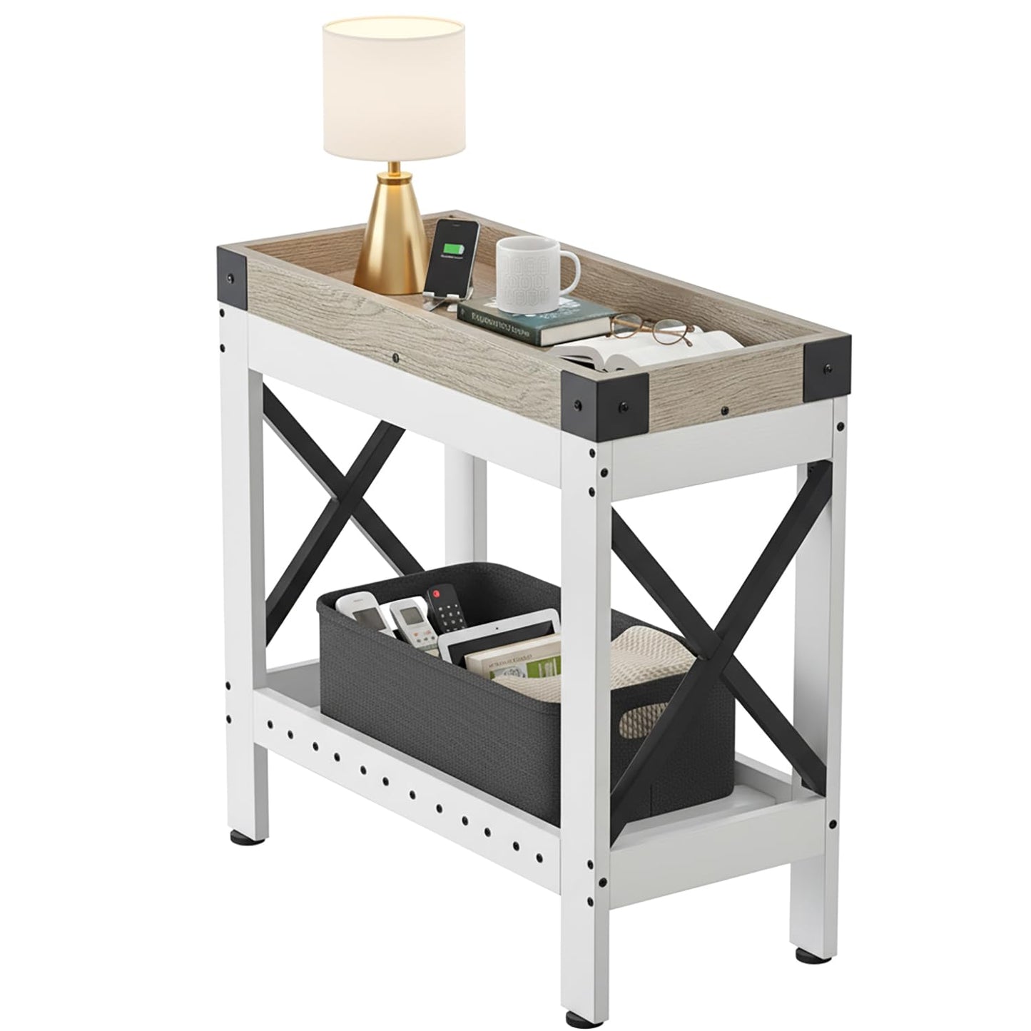 ZEXVIDA Narrow Side Table, Farmhouse End Table,Sofa Side Table, End Table Nightstand for Bedroom, Living Room, Small Spaces(White)