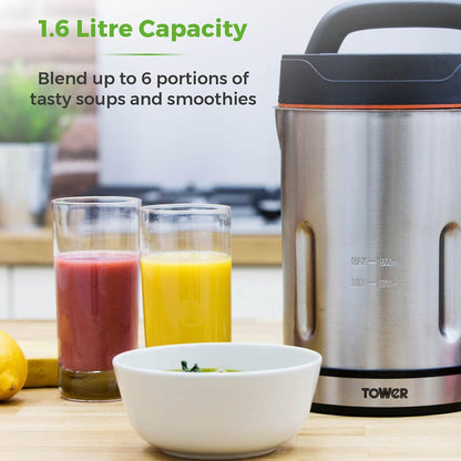 Tower T12031 Soup & Smoothie Maker with Intelligent Control System and Stainless Steel Jug and Blade, 1000W, 1.6 Litre, Stainless Steel