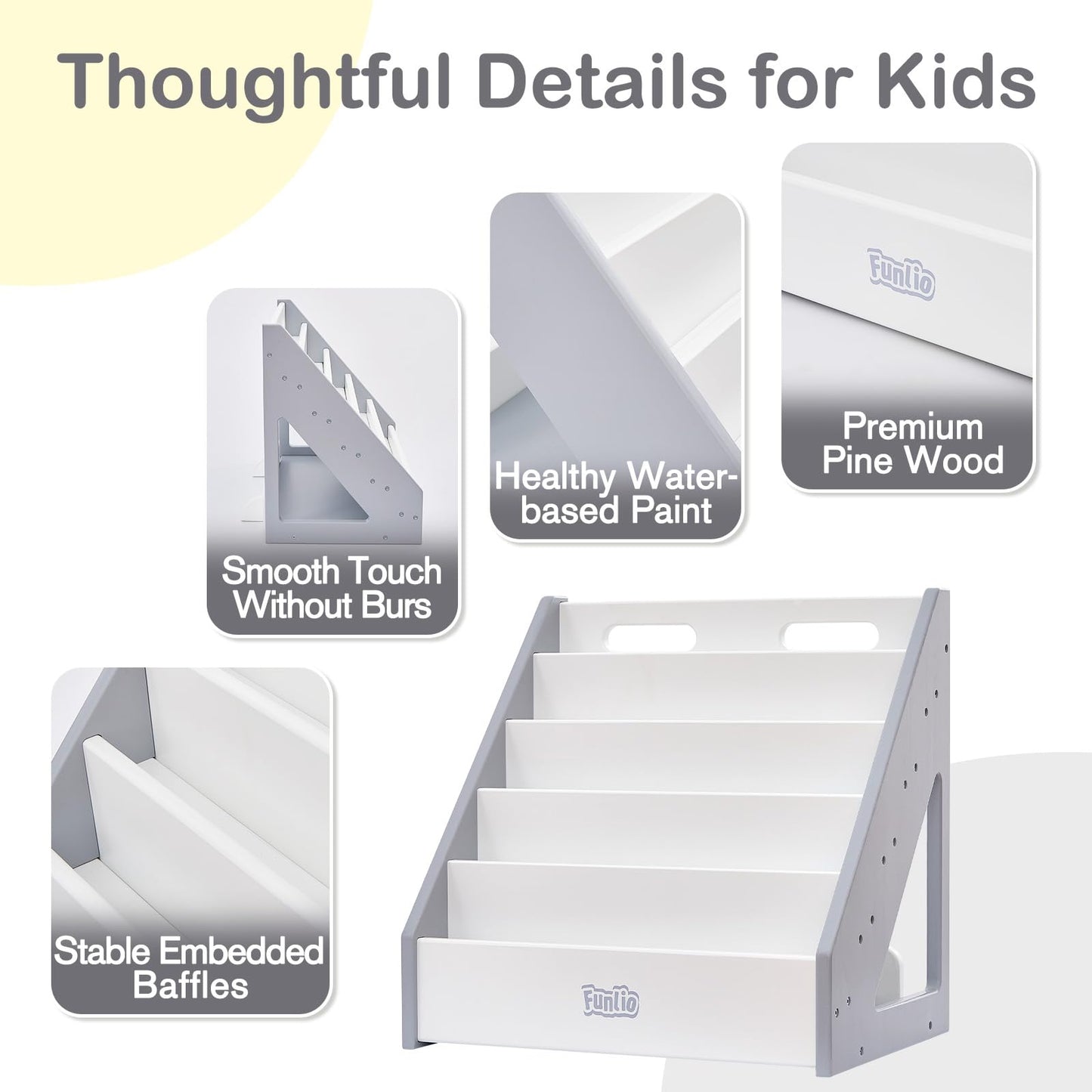 FUNLIO Montessori Bookshelf for Toddlers 1-5 Years, Front-Facing Kids Bookshelf with Handle & Anti-Tilting Device, Premium Pine Baby Bookshelf