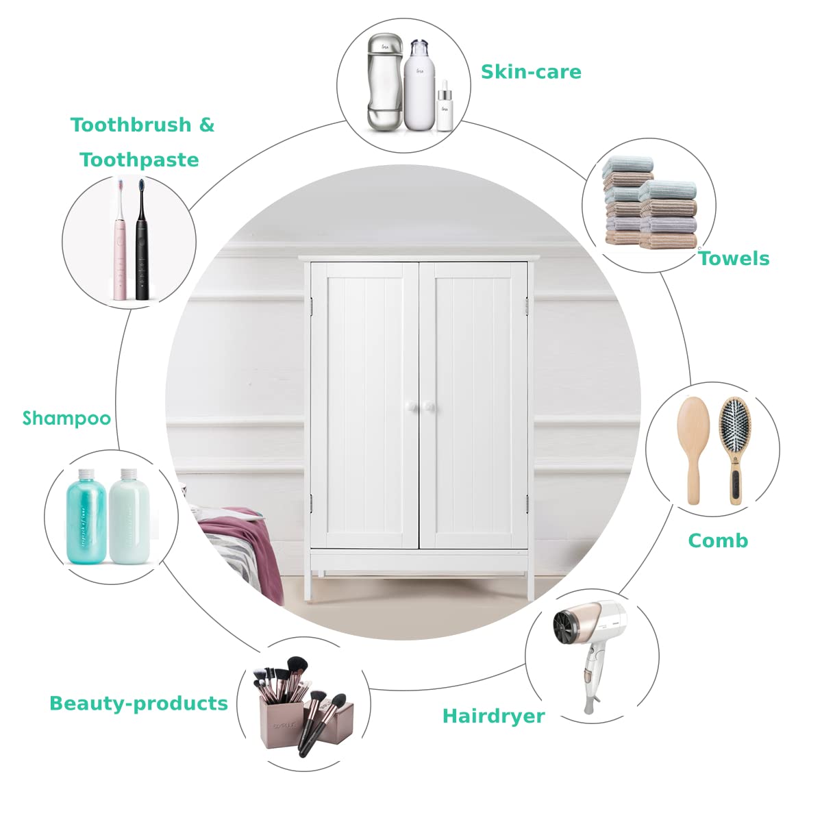 CASART Bathroom Floor Cabinet, Freestanding Storage Cupboard, Double Door Wooden Storage Organizer Unit for Bathroom Living Room Bedroom (White)