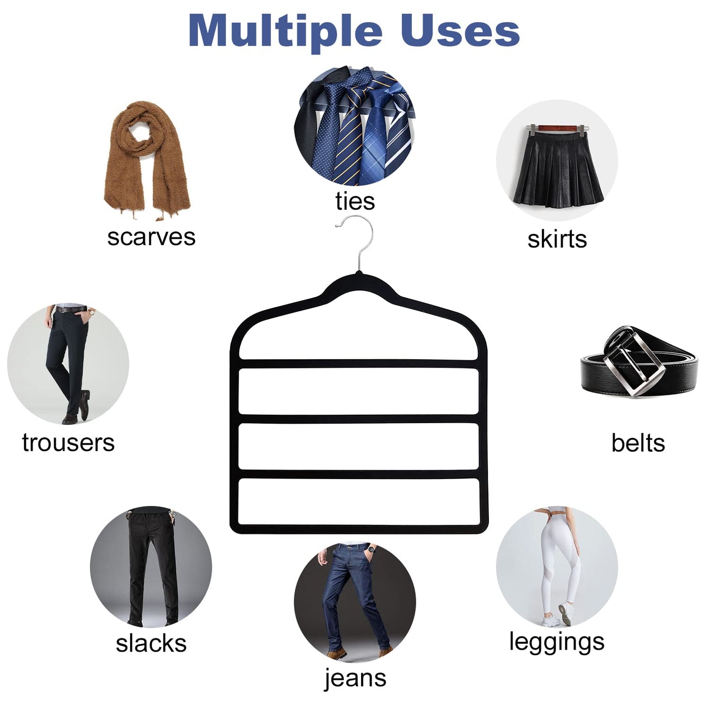 Trouser Hangers,Space Saving Hangers,Trouser Hangers Space Saving Non-Slip Pants Hanger-4 Pack Jeans Hangers Multi Bar Velvet Clothes Hanger Closet