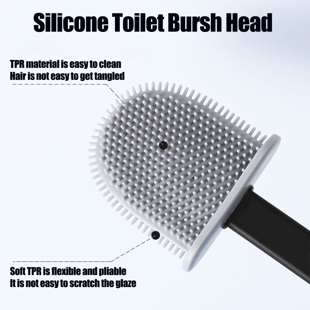 Feicuan Toilet Brush with Holder - Silicone Toilet Brush Flooring/Wall Mounted Detachable Rubber Flexible Bristles Long Plastic Handle Deep Cleaner