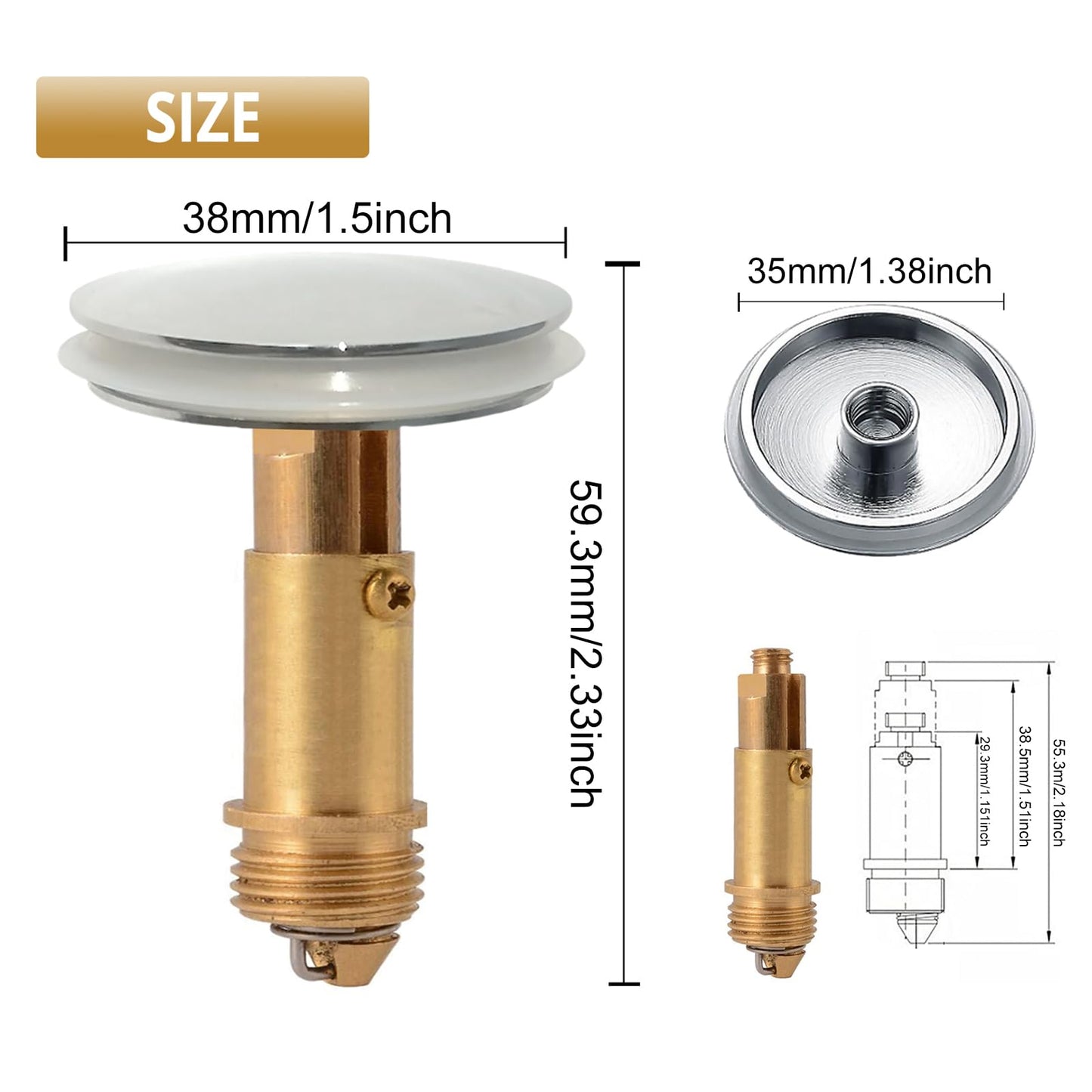 38mm Pop Up Sink Plug Replacement, Brass Bathroom Basin Drain Stopper, Universal Pop Up Basin Plug for UK Bathroom Sink Waste 1 Pack