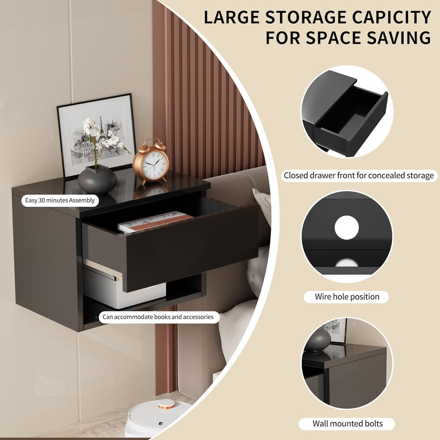 Kiseely Floating Nightstand, Modern Wall Mounted Bedside Table with Drawer, Wood Bedside Shelf & Desk, End Table Wood Modern Night Stand for Bedroom