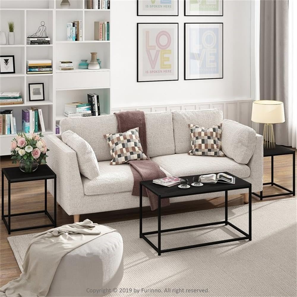 Furinno CAMNUS Coffee Table, Metal Frame Modern Coffee Table and Side Tables Set, Toolless Side Table Sets, for Living Room, Bedroom, Home Office