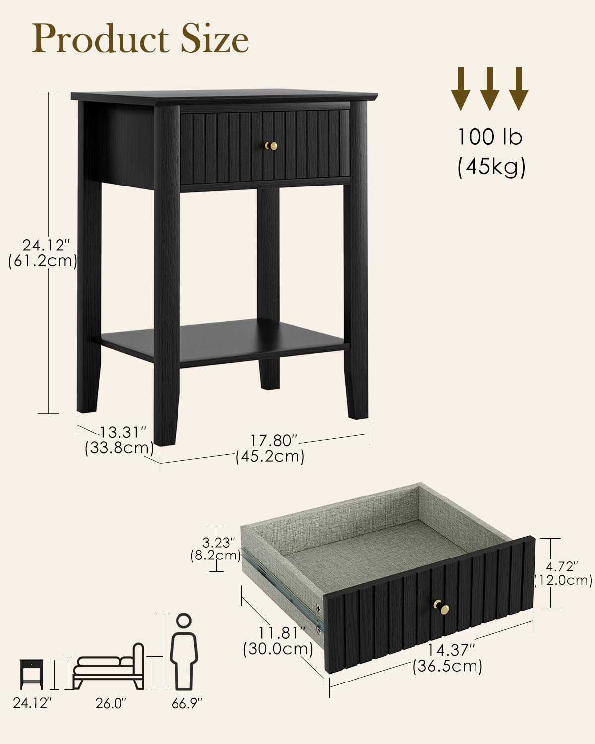 HEYZOEY Bedside Table Chest of 1 Drawer, Bedside Cabinet Wooden Nightstand, Modern Side Table for Living Room,Bedroom,Office,Black