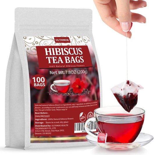 ULTHMOK Premium Hibiscus Tea Bags,100 Tea Bags/7.06 Oz,100% Pure Dried Hibiscus Flower,Natural & No Additives,Caffeine Free.