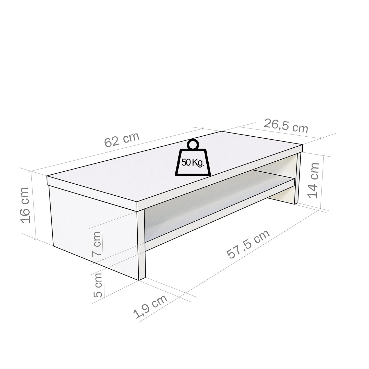 Henor Wooden TV Riser Monitor Stand with Intermediate Shelf 62 x 26.5 x 16 cm. Supports 50 kg.Graphite.