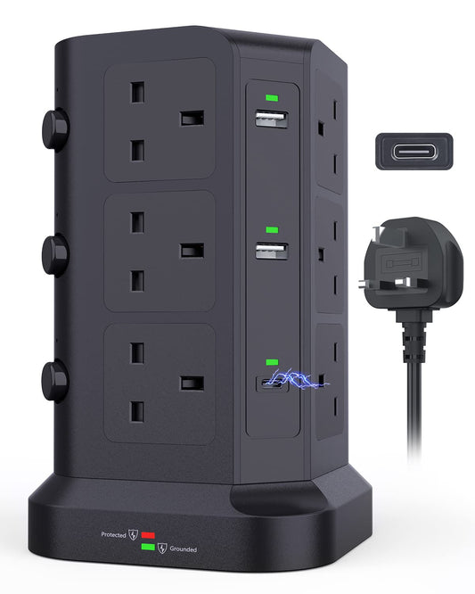 KOOSLA Dual 20W USB C Tower Extension Lead [PD 3.0/QC 3.0], 12 Way Extension Tower with 4 USB A Output [13A 3250W] Surge Protected Plug Extension for