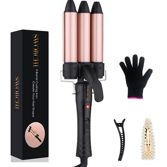 3 Barrel Hair Waver Curler Mermaid Curling Wand 25MM Crimper Ceramic Tourmaline Beach Waves Tongs Fast Heating Deep Curly Iron with Temperature
