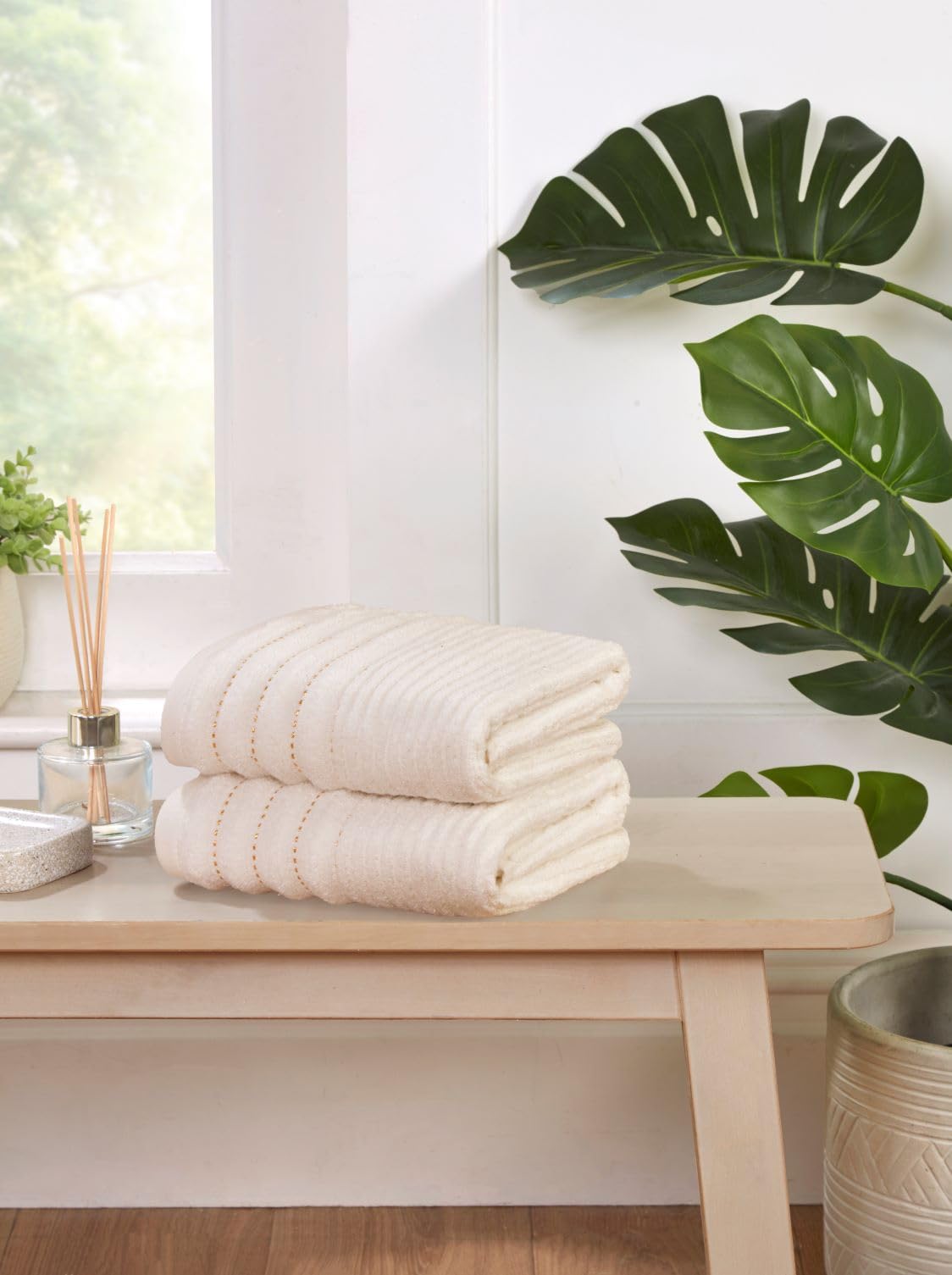 Rapport Home 2-Pack Linear Hand Towels | 50x85cm 100% Cotton 500GSM | Absorbent & Soft Bathroom Towel Set | Oeko-Tex Certified | Ivory Cream