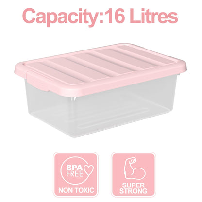 Waikhomes 2 Pack 16 L Under Bed Latching Box, Clear Box with Pink Lid