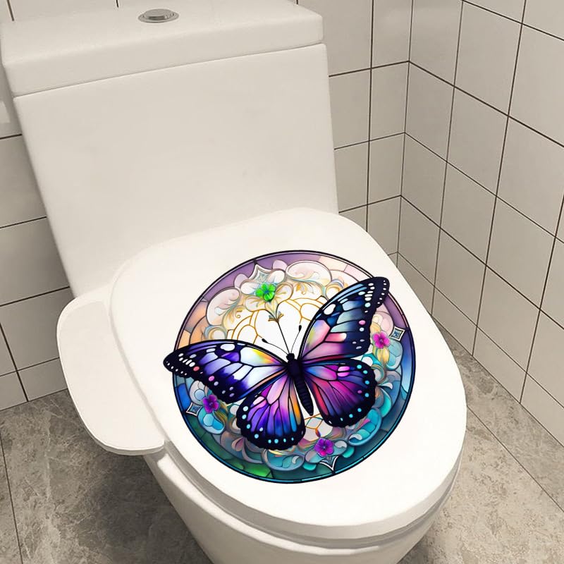 Butterfly Flowers Toilet Cover Sticker Decals,Colorful Butterfly Flowr Waterproof Toilet Lid Tank Seat Decals Cistern Self-Adhesive Bathroom Wall