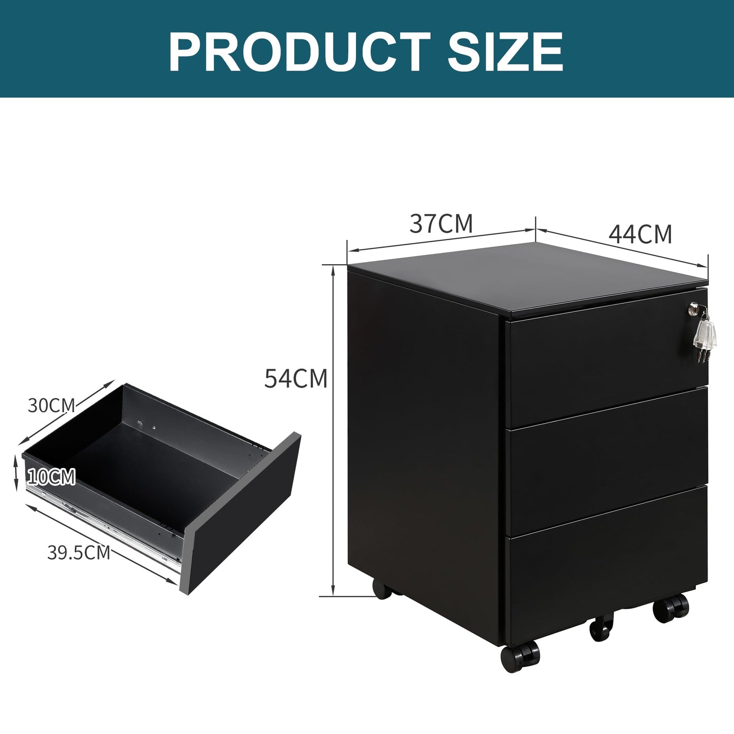 LVSTEEL 3-Drawer Mobile Filing Cabinet with Lock, Steel Office File Cabinet on Wheels, Under Desk Metal Cabinet, Fully Assembled, Black, 37x44x54cm